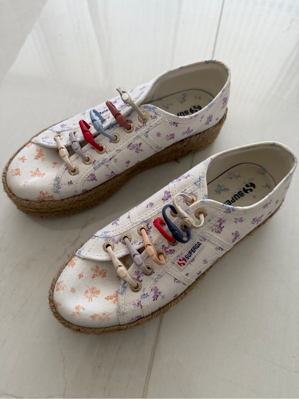 Superga Women White Canvas Floral Espadrille Sneakers with Multicolor Eyelets